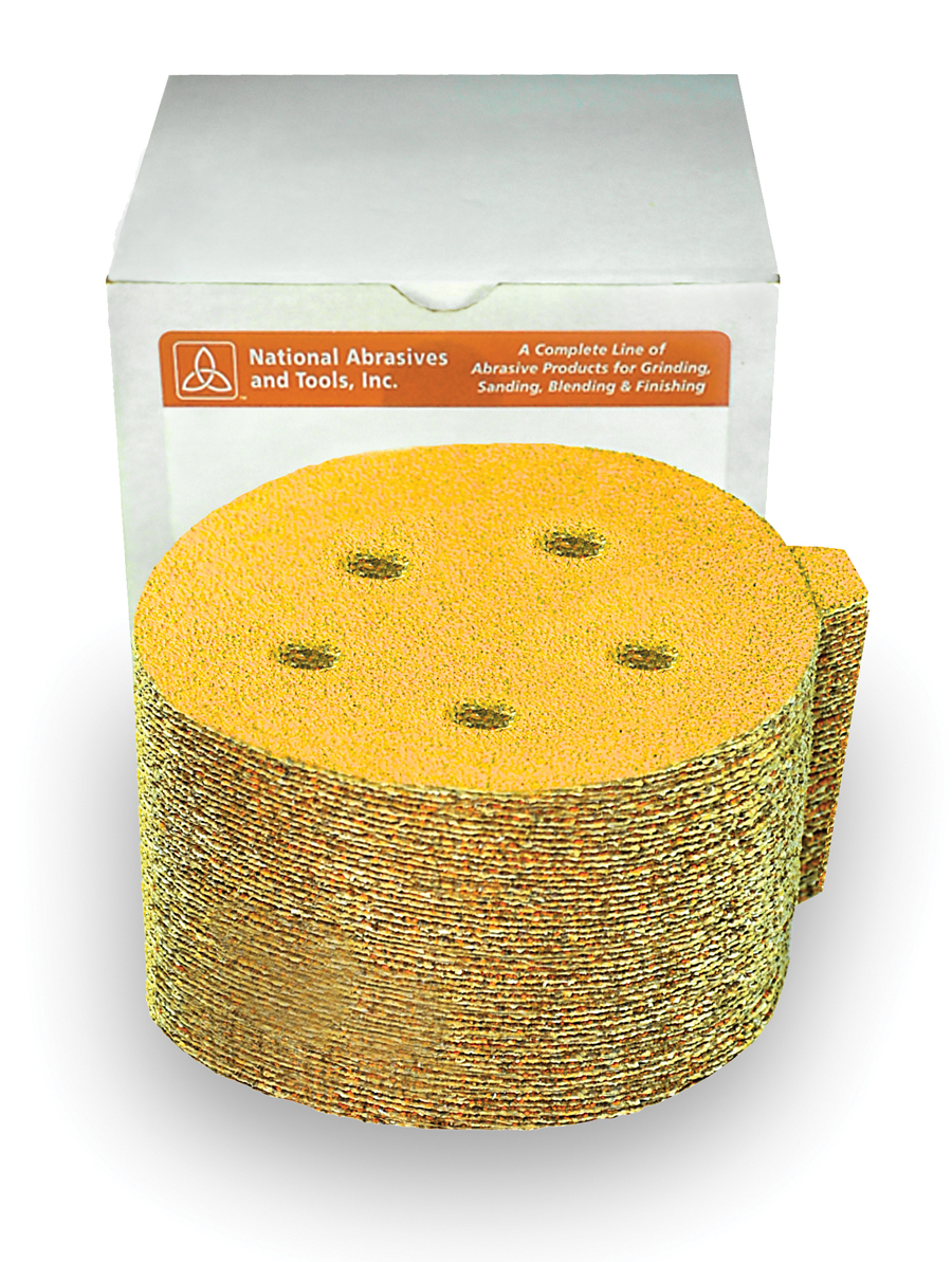 5"X8 320G PSA PAPER DISC, ALUMINUM OXIDE GOLD, TABBED, 100/BOX